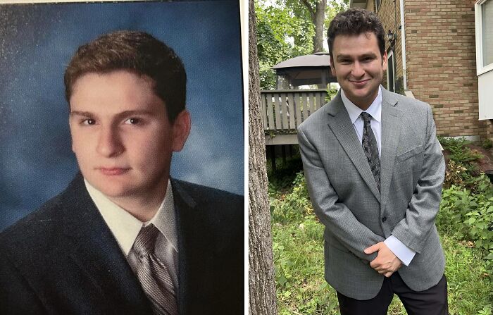 Side-by-side comparison of a man’s formal portrait from years ago and a recent outdoor photo showing same love different decade look.