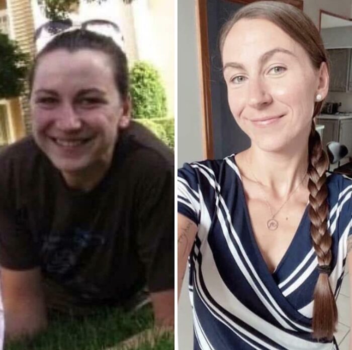 Side-by-side comparison of a woman showing how people looked back then and now in different decade photos