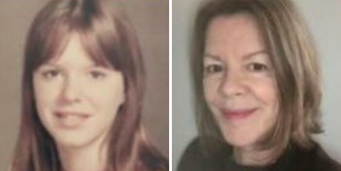 Side-by-side comparison of a woman showing same love different decade with aged and youthful looks in photos