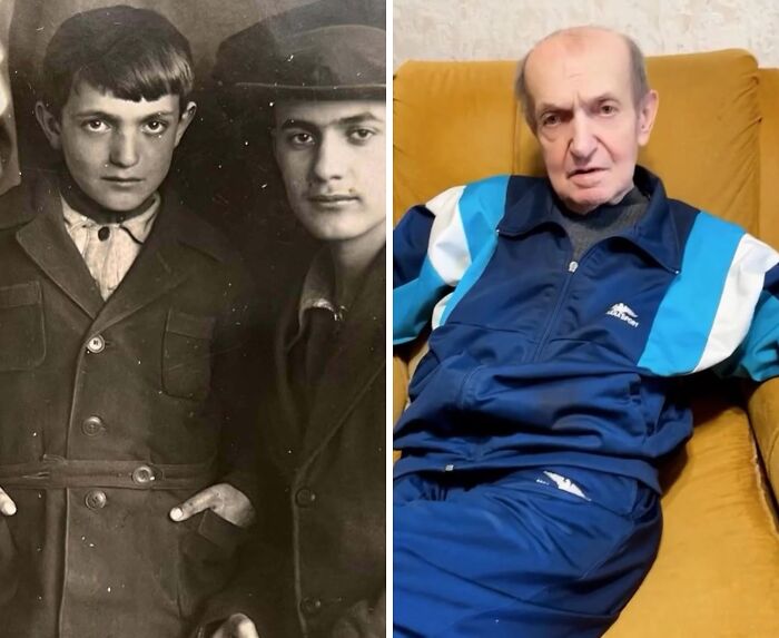 Side-by-side comparison of a man in a vintage black-and-white photo and the same man decades later in a blue tracksuit.