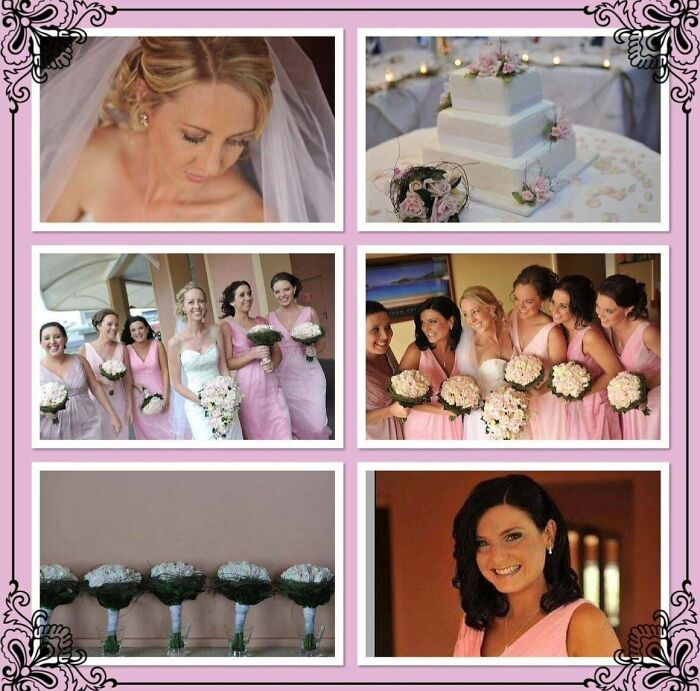 Bride and bridesmaids in pink dresses holding bouquets in wedding comparison pics showing same love different decade.