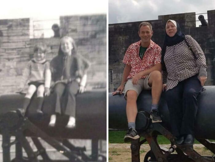 Side-by-side comparison of two people sitting on a cannon showcasing same love different decade transformation.