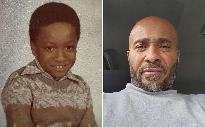 Side-by-side comparison of a man as a child and as an adult showing same love different decade transformation.