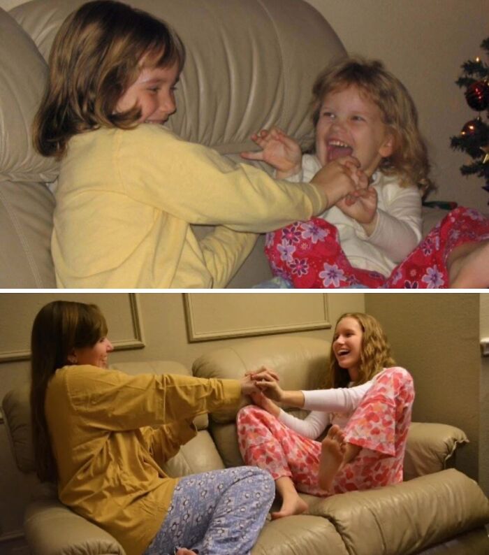 Two sisters laughing and holding hands on a couch in comparison pics showing same love different decade.