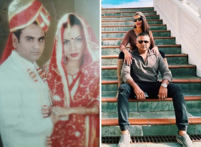 Comparison of a couple's look from a traditional wedding photo to a modern casual style in different decades.