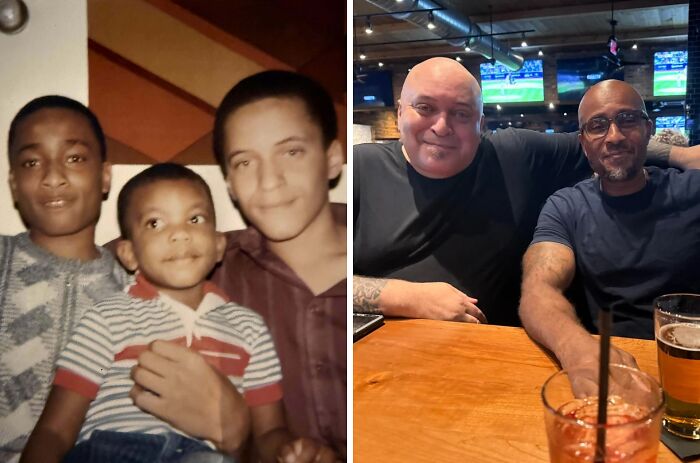 Side-by-side comparison photo showing how people looked back then and now, highlighting changes over decades.