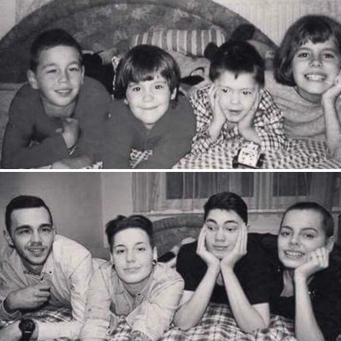 Black and white comparison photo of four people lying on a bed, showing how people looked in different decades.