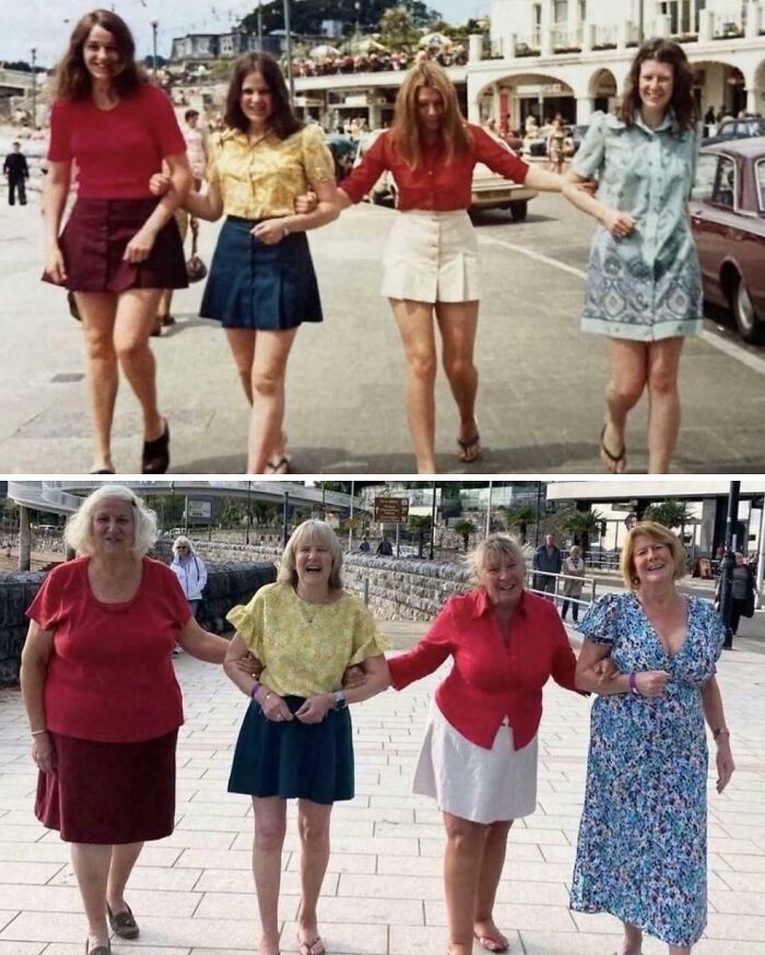 Four women linked arm in arm walking outdoors in two different decades, showing same love and appearance changes over time.