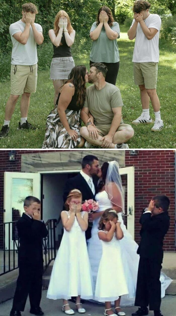 Couple kissing surrounded by children covering their eyes in two comparison photos showing same love different decade.