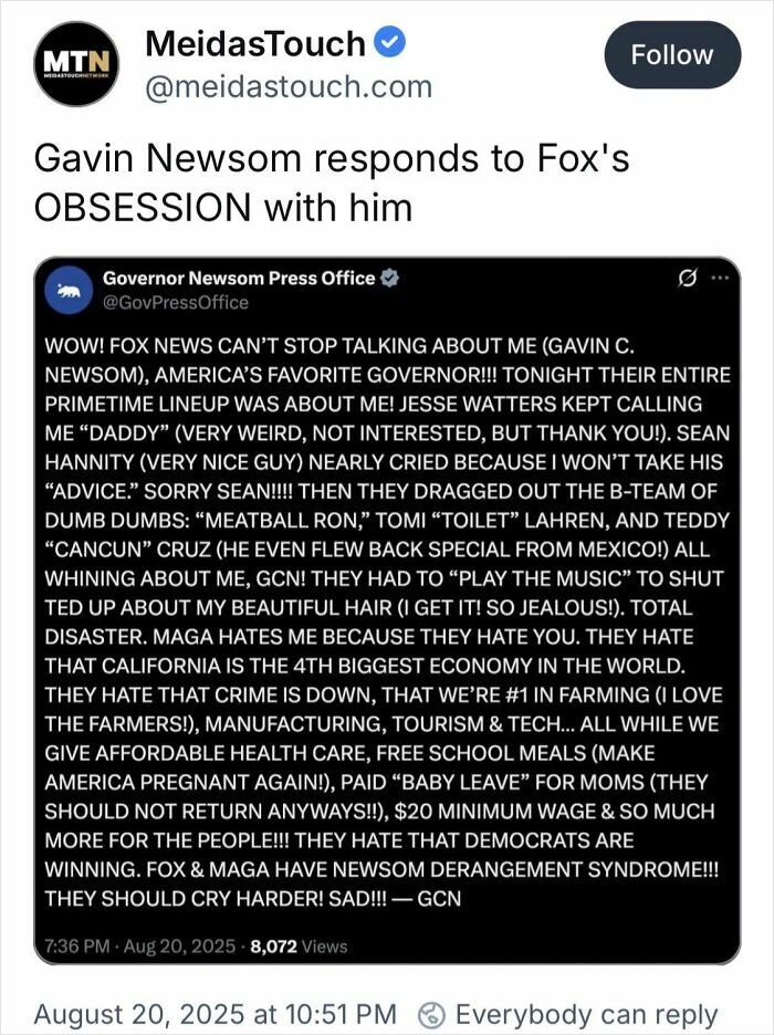 Tweet showing Gavin Newsom's response to Fox News, highlighting chaotic good actions in his own way and public reactions.