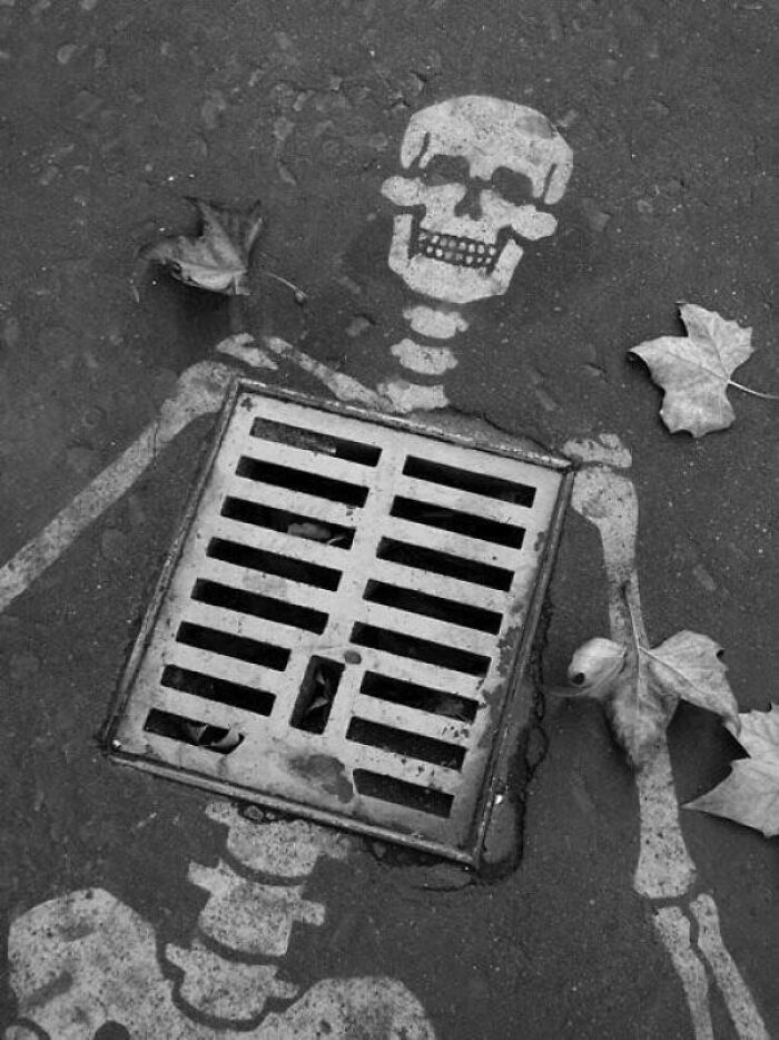 Street art skeleton painted on pavement, using drain grate as ribcage, surrounded by autumn leaves in urban setting.