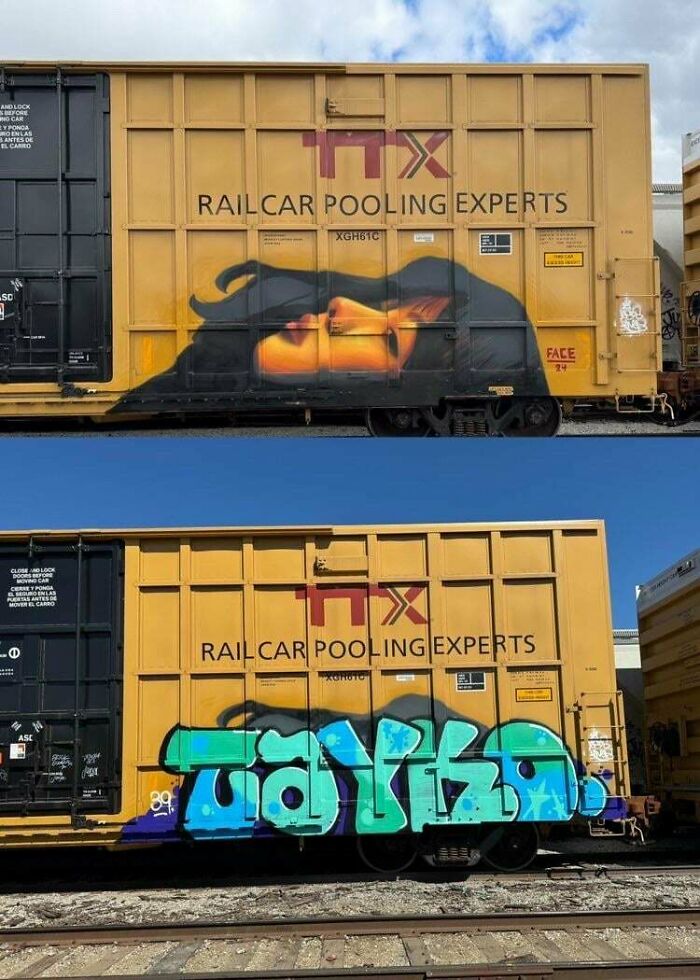 Street art transformation on train car featuring a painted serene woman and colorful graffiti lettering on yellow railcar.
