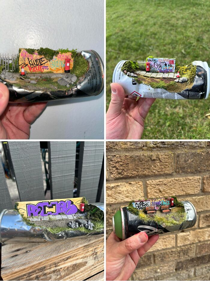 Miniature street art scenes with graffiti on crushed cans, featuring detailed grass, stones, and small urban elements.