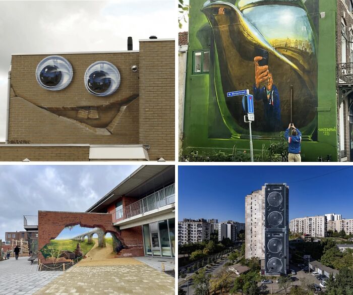 Collage of powerful street art murals featuring creative 3D effects and urban scenes from different parts of the world.