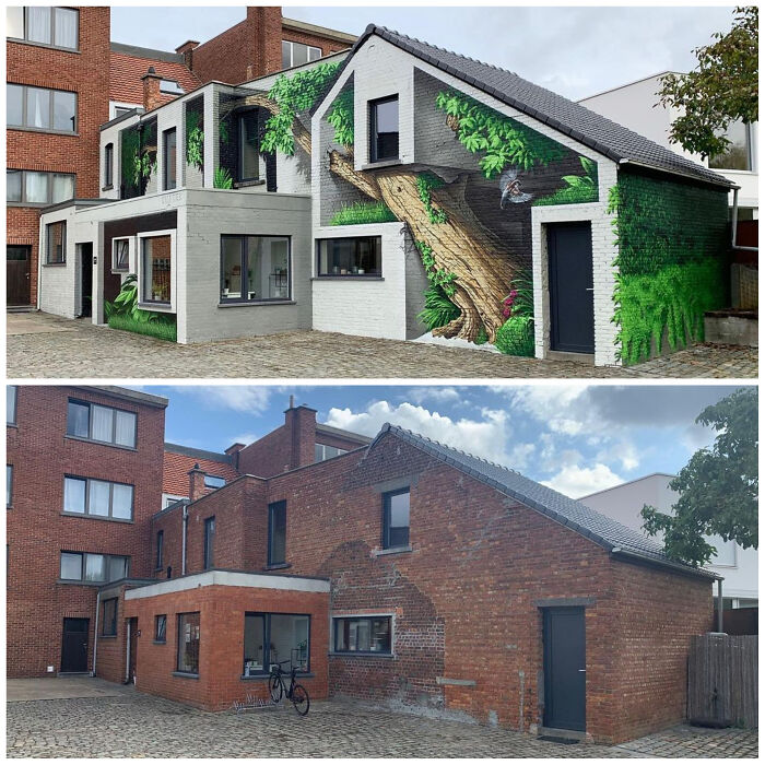 Street art mural of a tree and greenery painted on a white building in an urban setting showcasing powerful street art.