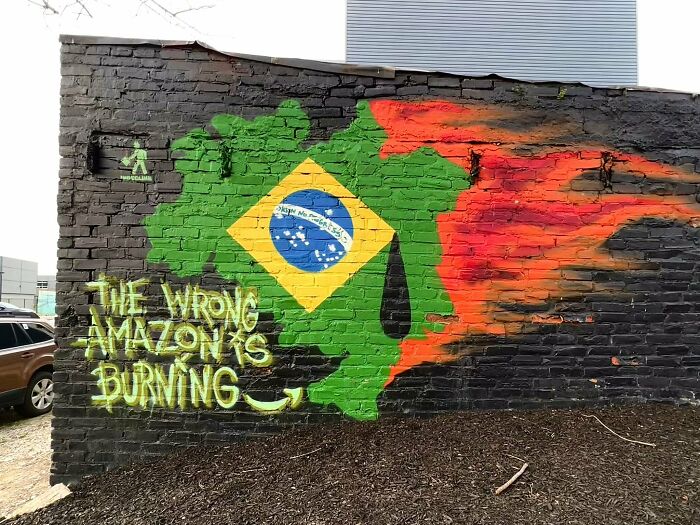 Street art mural depicting the Brazilian flag engulfed in flames with text about the Amazon burning on a brick wall.