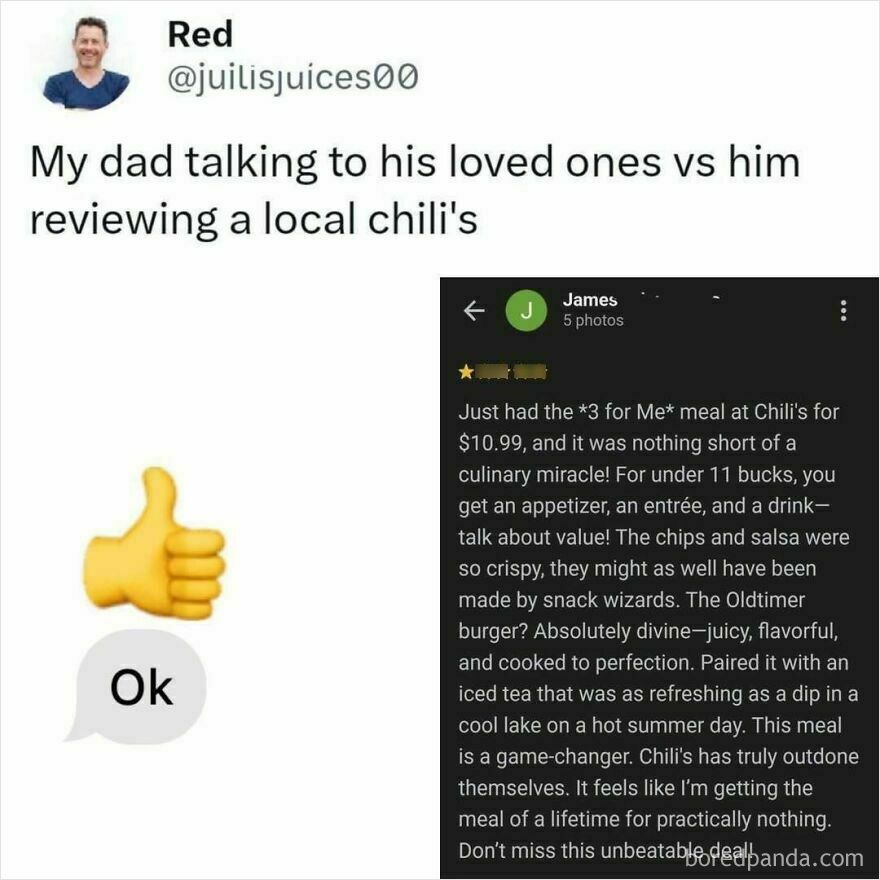 Comparison meme showing a dad's simple text replies versus detailed restaurant reviews, highlighting common dad humor and behaviors.