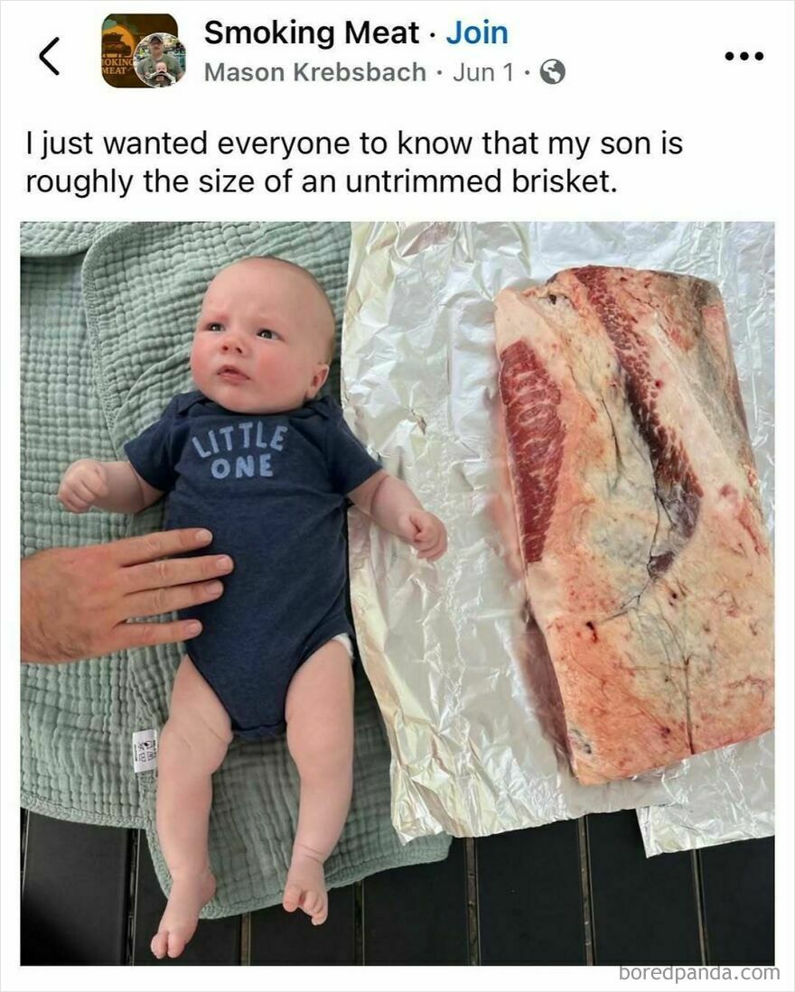 Baby in a blue onesie compared to an untrimmed brisket, showcasing humor in dad memes and jokes about dads.