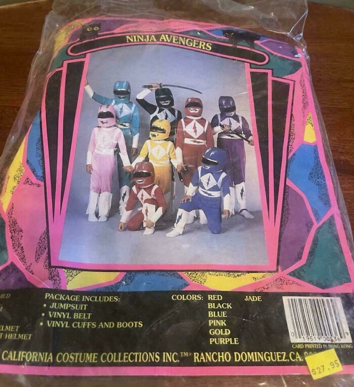 Off-brand Ninja Avengers Halloween costume package featuring colorful jumpsuits and vinyl accessories in retro style