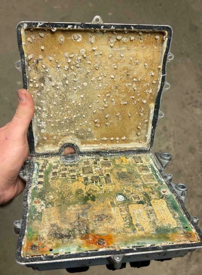 Close-up of a heavily corroded electronic circuit board damaged by improper handling and moisture exposure.