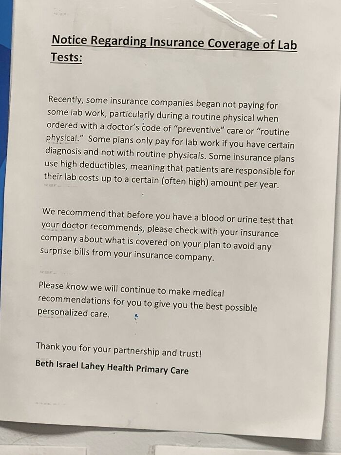 Notice about insurance coverage limits for lab tests and high deductibles in American healthcare from a primary care provider.