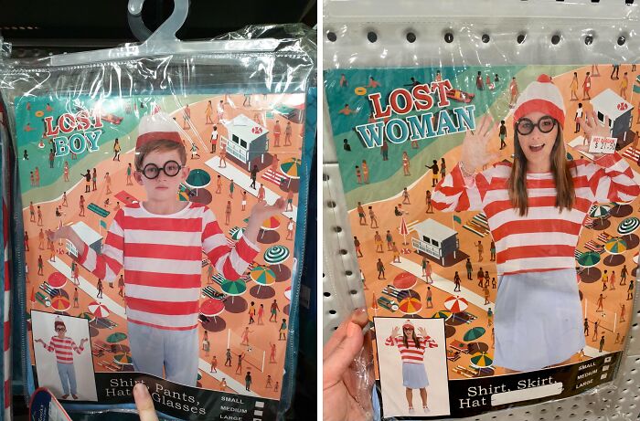 Off-brand Halloween costumes featuring lost boy and lost woman outfits with red-striped shirts and glasses in packaging.