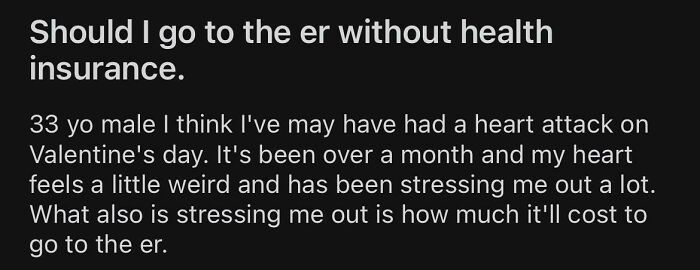 Text post expressing concern about heart symptoms and stress over ER costs without health insurance, highlighting American healthcare realities.