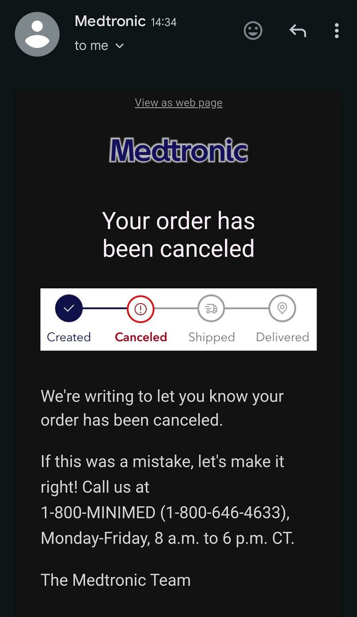 Email notification from Medtronic showing order cancellation, highlighting harsh realities of American healthcare access issues.