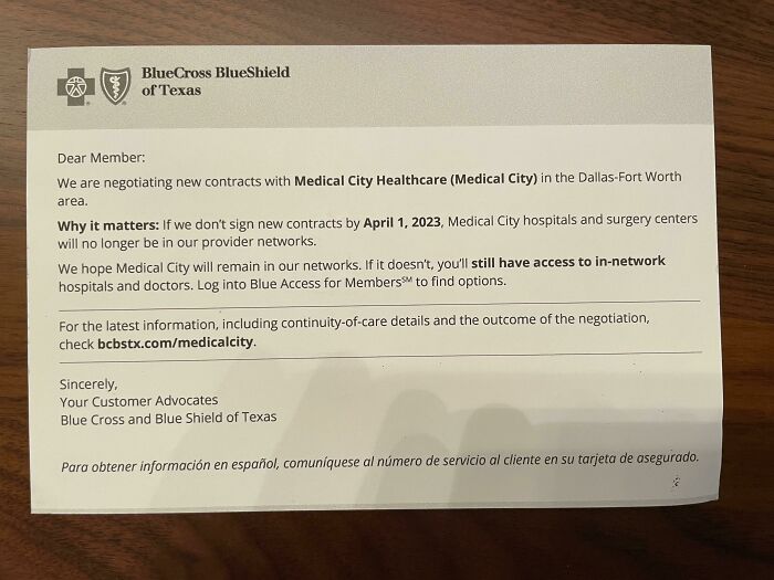 Blue Cross Blue Shield letter about contract negotiations affecting access to Medical City Healthcare networks.