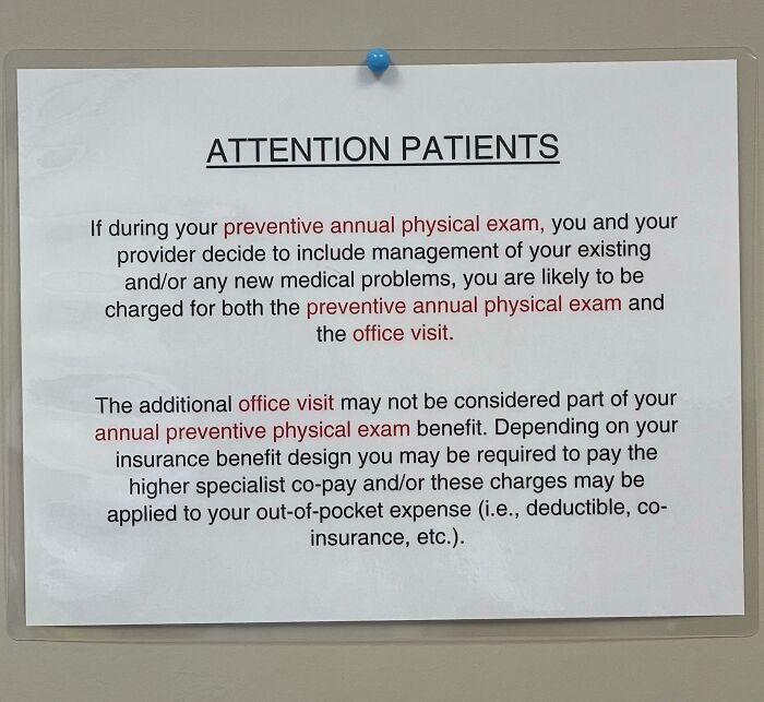 Notice for patients explaining extra charges for preventive annual physical exams and office visits, highlighting American healthcare costs.