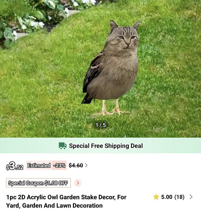 Acrylic owl garden stake decor with owl head and bird body, one of the weirdest purchases people would make in a heartbeat.