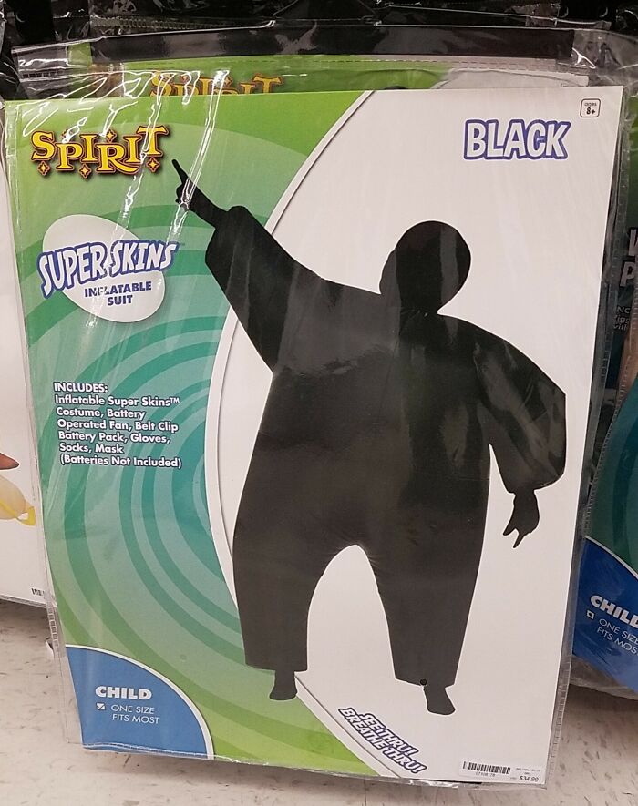 Inflatable black off-brand Halloween costume for kids with battery-operated fan, gloves, mask, and socks included.