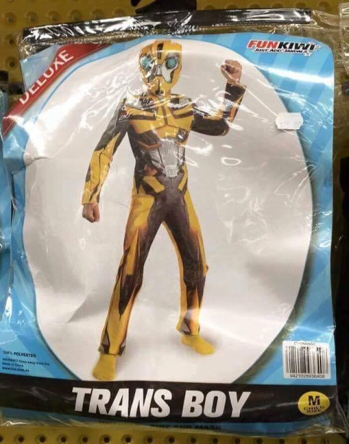 Off-brand Halloween costume packaging showing a child’s deluxe trans boy outfit in yellow and black design.