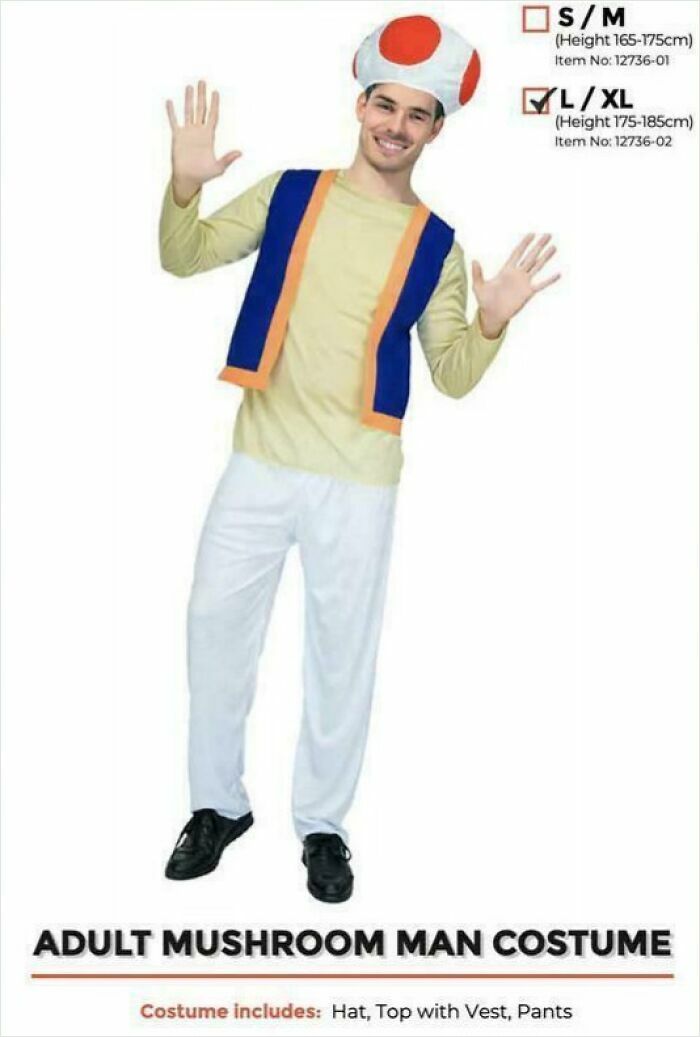 Man wearing a funny off-brand Halloween costume as a mushroom character with a hat, vest, and pants smiling and waving.