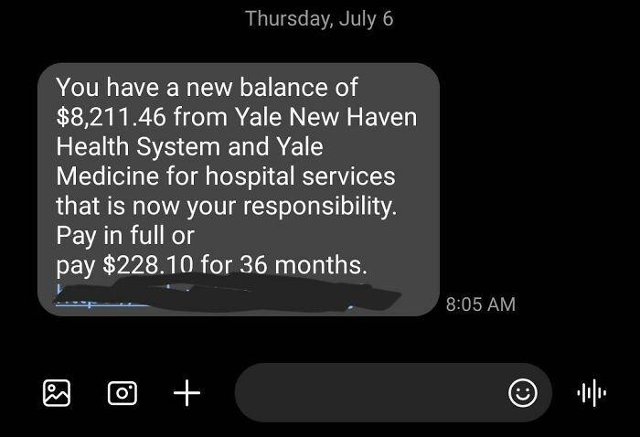 Text message showing a medical bill balance of over $8,000, highlighting harsh realities of American healthcare costs.