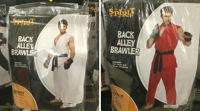 Off-brand Halloween costumes of back alley brawler characters in white and red outfits for adults on display.