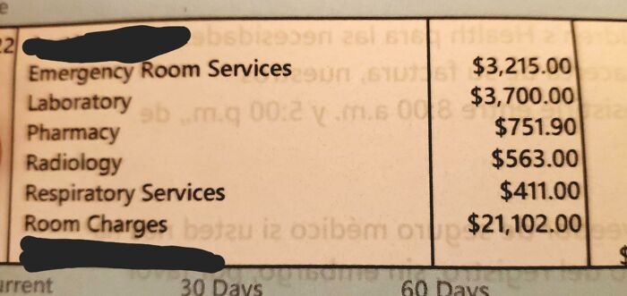 Hospital bill showing high costs for emergency room, laboratory, pharmacy, and room charges highlighting harsh realities of American healthcare.