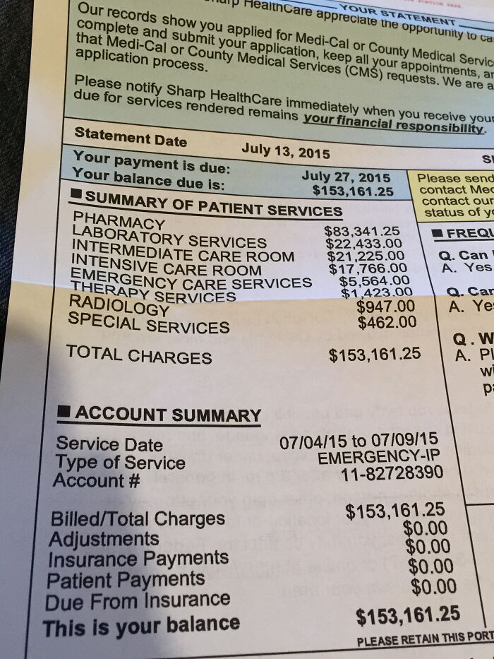 Medical bill showing a $153,161.25 balance highlighting the harsh realities of American healthcare costs.