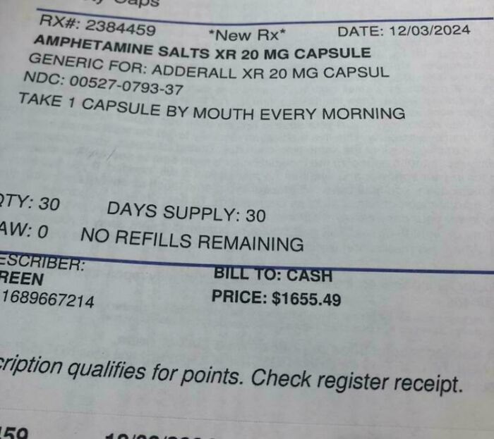 Prescription receipt showing high medication cost of $1655, highlighting harsh realities of American healthcare expenses.