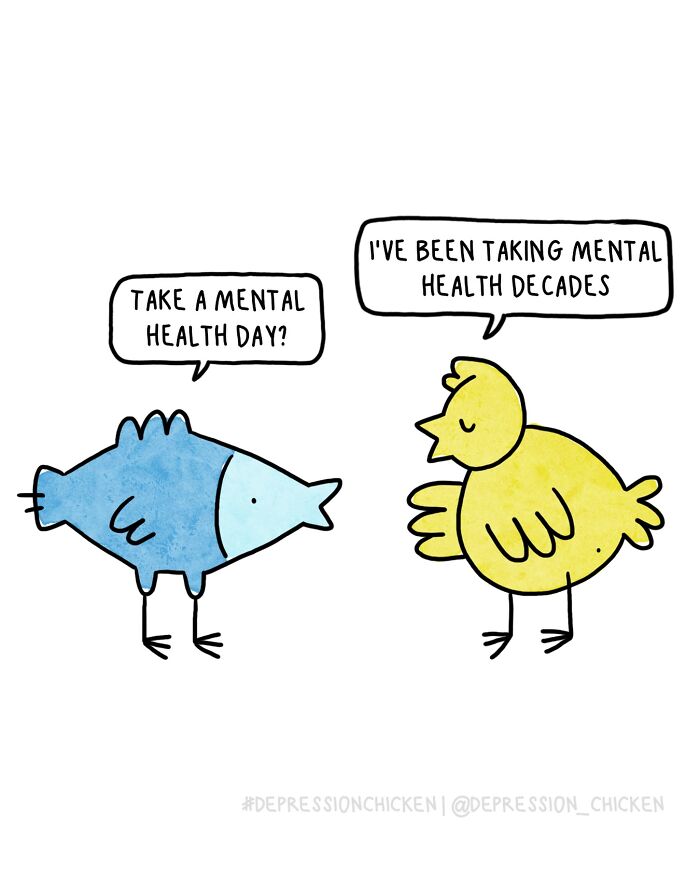 Cartoon of two birds having a mental health conversation, illustrating anxiety and dark humor in depression chicken comics.