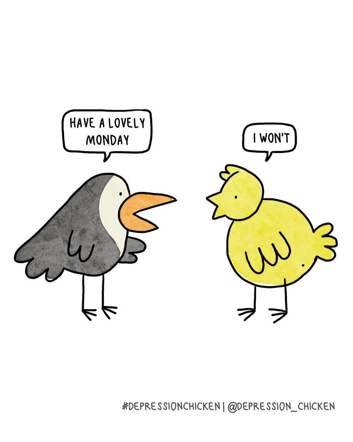Two cartoon birds in a comic style depicting conversation, illustrating depression chicken comics on anxiety with dark humor.