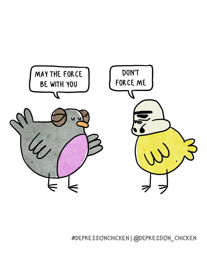 Two Depression Chicken comic characters dressed in Star Wars-inspired costumes using dark humor about anxiety.