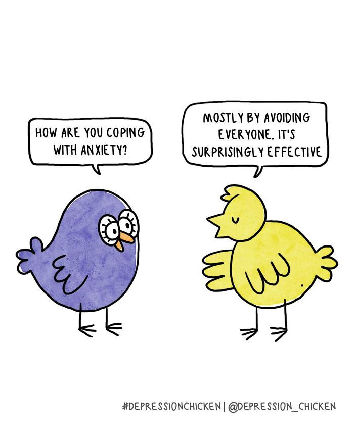 Two Depression Chicken comics characters discuss coping with anxiety using dark humor in a simple, colorful cartoon style.