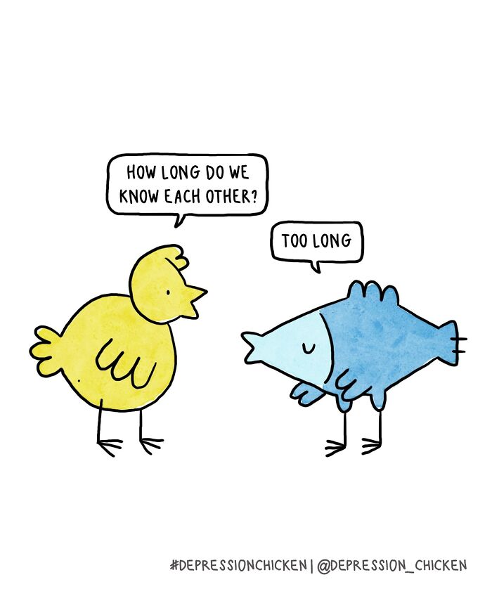 Yellow chicken and blue fish character from Depression Chicken comics having a dark humor conversation about anxiety.
