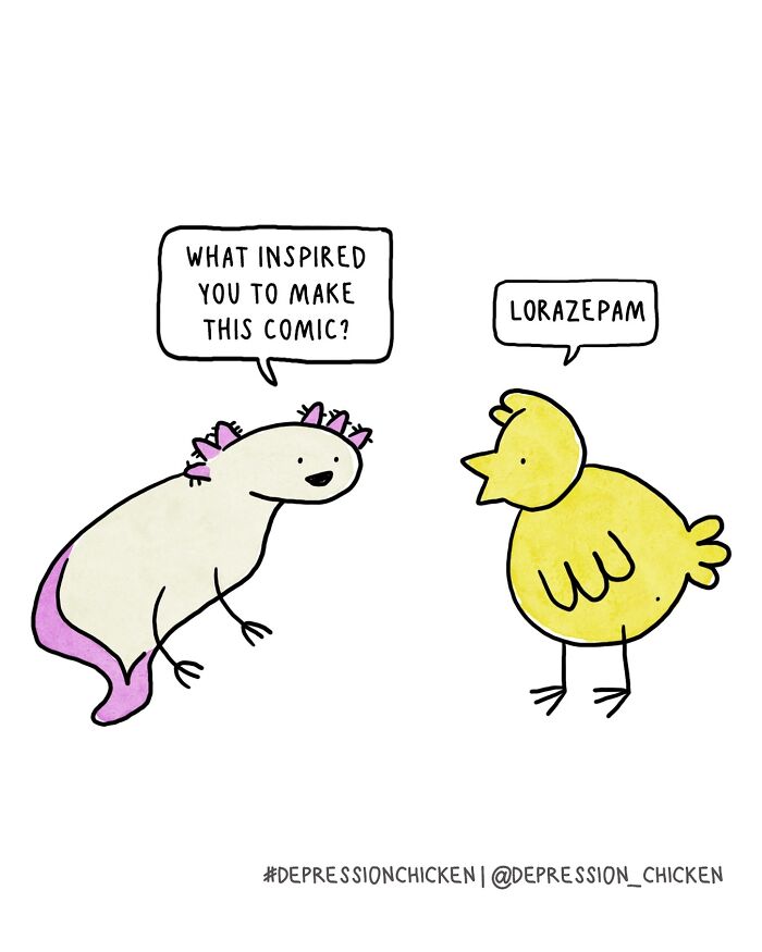 Comic from Depression Chicken series shows a yellow chicken and axolotl discussing anxiety with dark humor.
