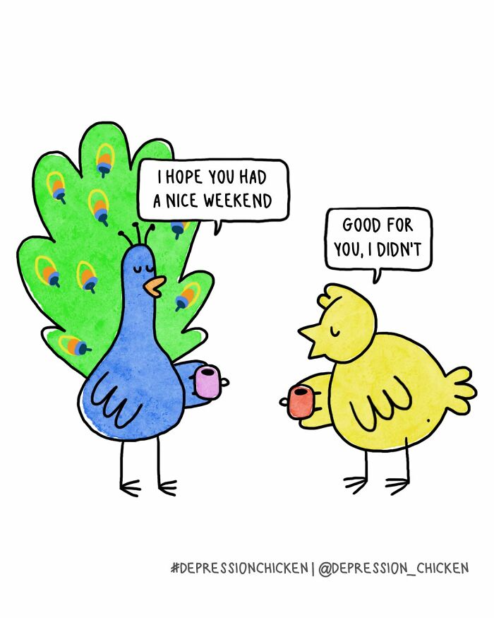 A colorful peacock and a yellow chicken comic from Depression Chicken, humorously depicting anxiety and dark humor.