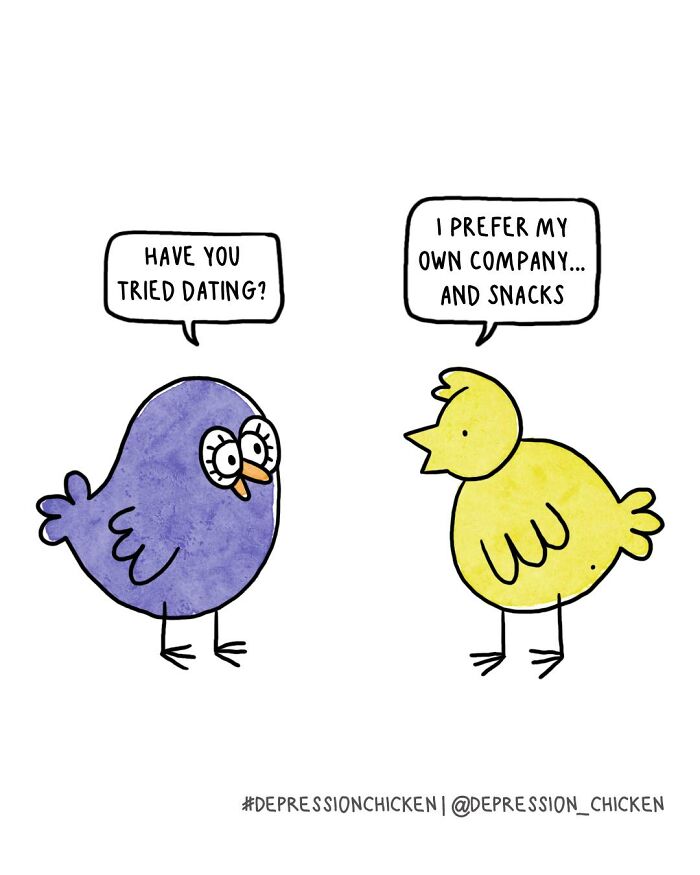 Two cartoon birds in a Depression Chicken comic using dark humor to capture life with anxiety and self-preference.