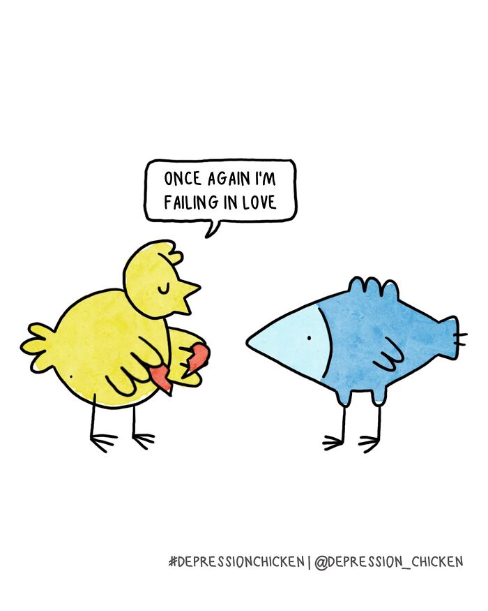 Yellow Depression Chicken cartoon holding a broken heart talking to a blue fish, capturing life with anxiety in dark humor.