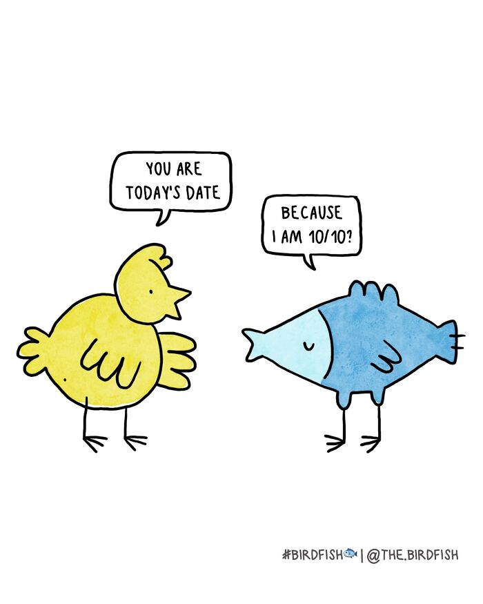 Illustration of a yellow chicken and a blue birdfish comic from Depression Chicken series using dark humor about anxiety.