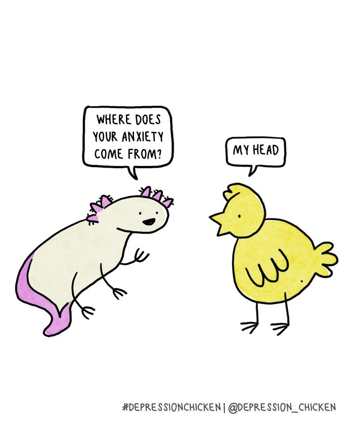 Depression Chicken comic showing a yellow chicken and a salamander discussing anxiety with dark humor.